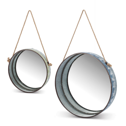 Set of 2 Green and Pale Blue Corrugate Drip Round Mirrors with Rope 17.91"