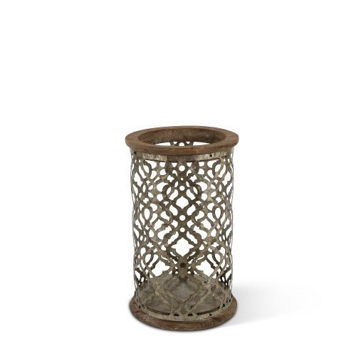 12.99" Rustic Brown Distressed Finish Ogee Pattern Galvanized Candle Holder