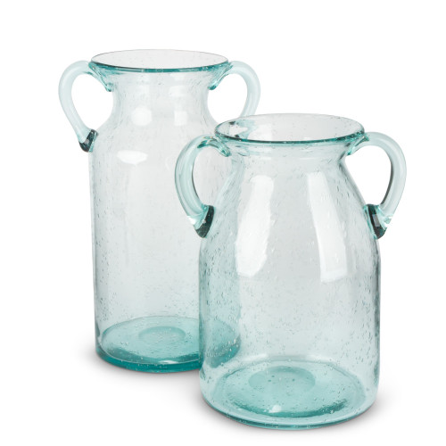 Set of 2 Aqua Blue Transparent Bubble Glass Milk Jug Styled Vases with Handle 11.4"
