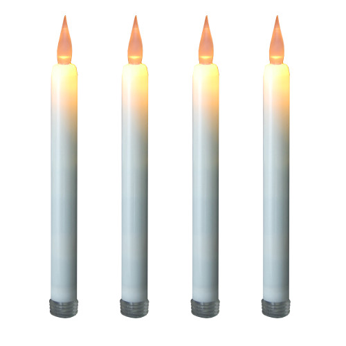 Set of 4 White Battery Operated Taper Candles with Amber Flickering LED Lights  9.25"