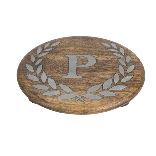 10" Rustic Brown and Gray Laurel Leaf Designed Food Safe Round Trivet with Letter "P"