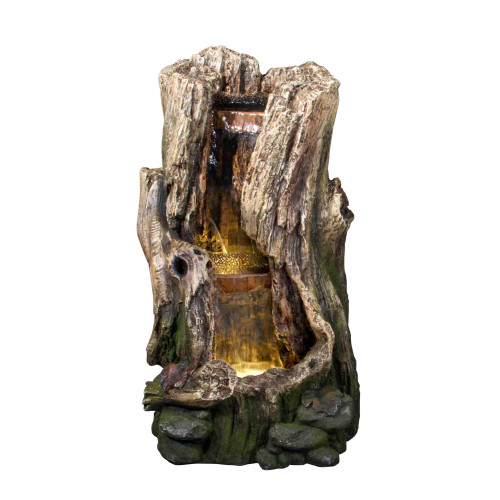 20" Brown and Green Tree Trunk Waterfall Fountain with Two LEDs
