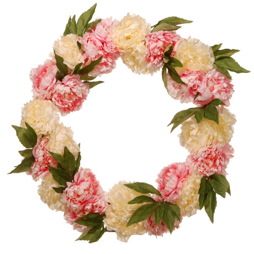 Pink and White Peony Flower Artificial Wreath - 24-Inch, Unlit