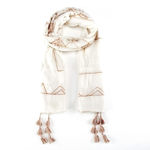 70" Cream and Brown Embroidered Wing Religious Prayer Scarf Accessory