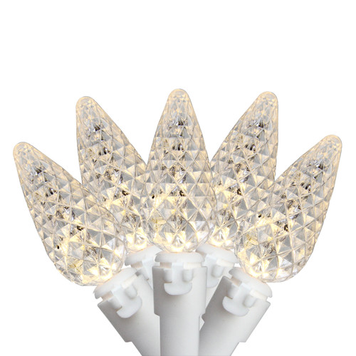 50 Warm White LED Faceted C6 Mini Christmas Lights - 16.3 ft White Wire
