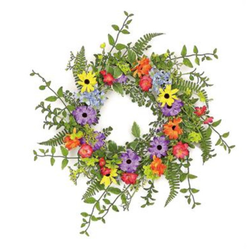 Mixed Wildflowers Artificial Spring Floral Wreath, Green 24-Inch