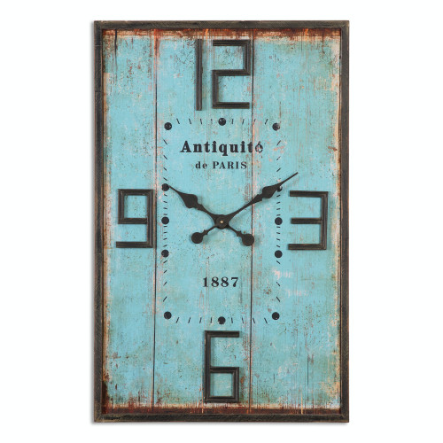 35.75" Bold Aged Blue Parisian Style Wooden Panel Wall Clock with Mahogany Frame