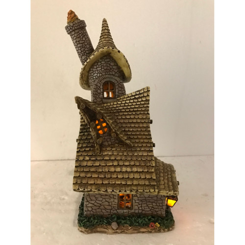 13" Brown and Gray Fairy Garden Crooked House Statue with Solar Lights