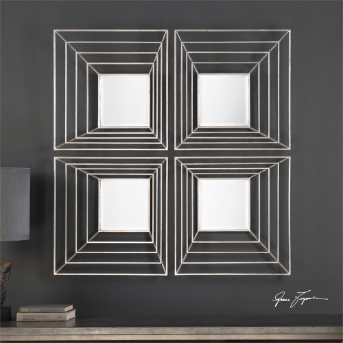 Set of 4 Captivating Square Beveled Wall Mirrors with Silver Leaf Iron Frames