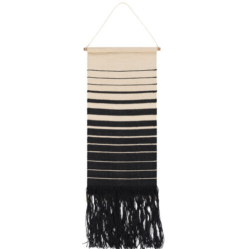 38” Cream and Black Striped Pattern Hand Woven Fringed Wall Hanging