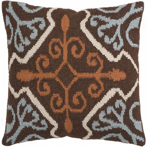 22" Holy Flowers LIght Blue and Chocolate Brown Decorative Throw Pillow - Down Filler