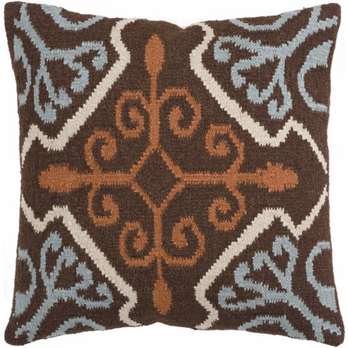 22" Holy Flowers LIght Blue and Chocolate Brown Decorative Throw Pillow - Poly Filled