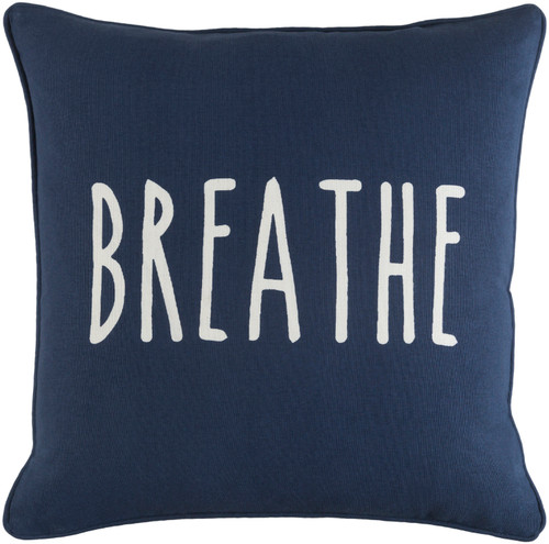 18" Navy Blue and White ?Breathe? Printed Square Throw Pillow - Poly Filled