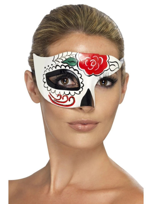 7" White and Red Day of the Dead Half Unisex Adult Halloween Eye Mask - One Size