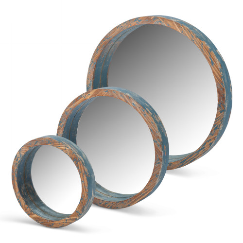 Set of 3 Blue Worn Rimmed Round Mirrors 20.25"