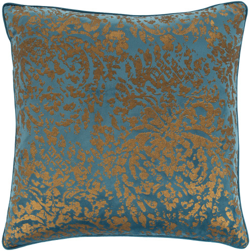 20" Blue and Gold Textured Velvet Throw Pillow with Knife Edge - Down Filler