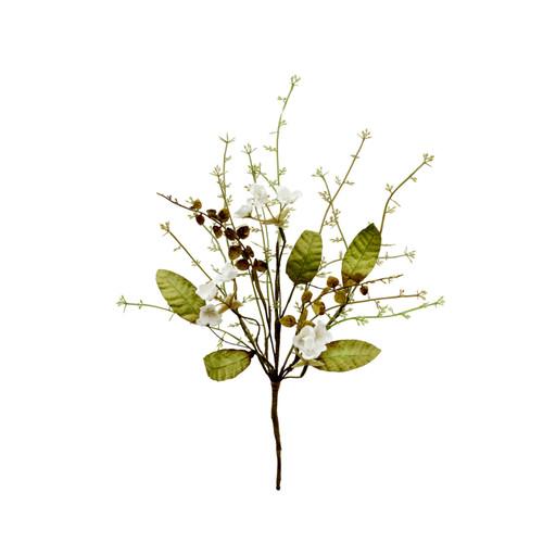 Set of 4 Faux Green, Brown And White Polyester Silk Floral Pick, 12"