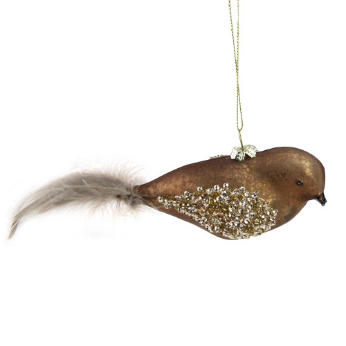 8" Brown and Gold Glass Bird Christmas Ornament with Feather Tail