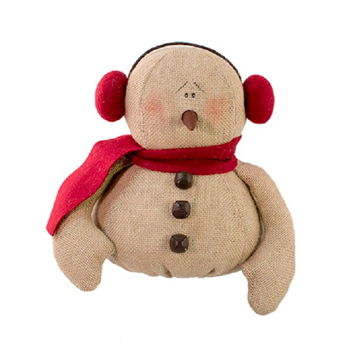 11" Beige Lovely Burlap Earmuff Snowman with Red Scarf