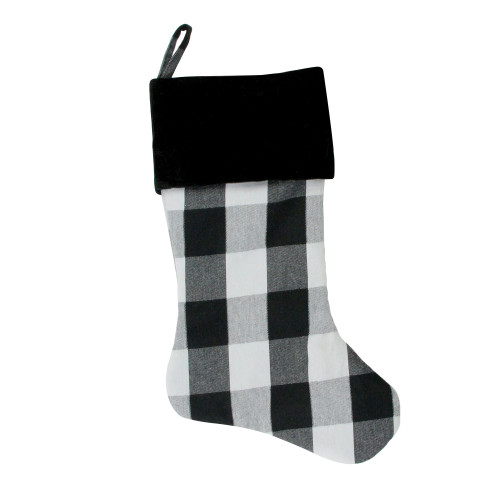 20" Black and White Cotton Buffalo Plaid Christmas Stocking with Black Velour Cuff