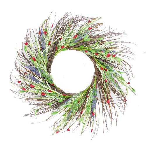 Green and Purple Mini Wild Flower Spring Floral Wreath- 25-Inch, Unlit