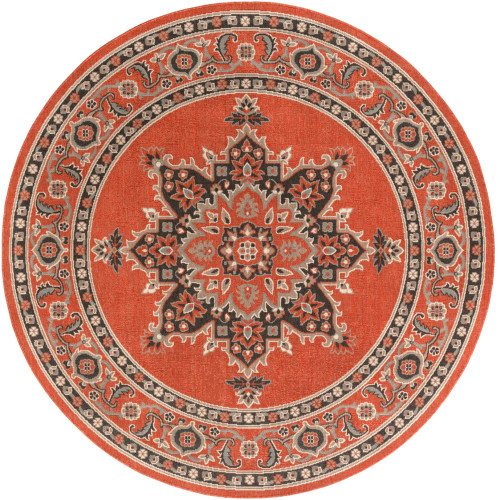 5'3" Antique-Style Mandala Design Orange and Gray Round Area Rug