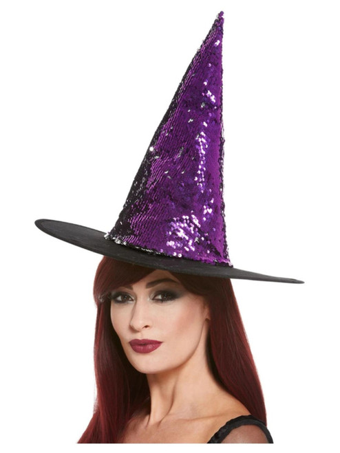 Black and Purple Deluxe Reversible Sequin Women Adult Halloween Witch Hat Costume Accessory - One Size