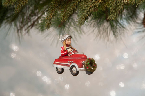 5" Red and Silver Casey in Car Hanging Christmas Ornament