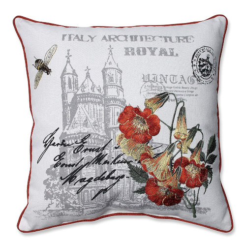 Castle Print and Embroidered Orange Flowers Corded Throw Pillow 18"