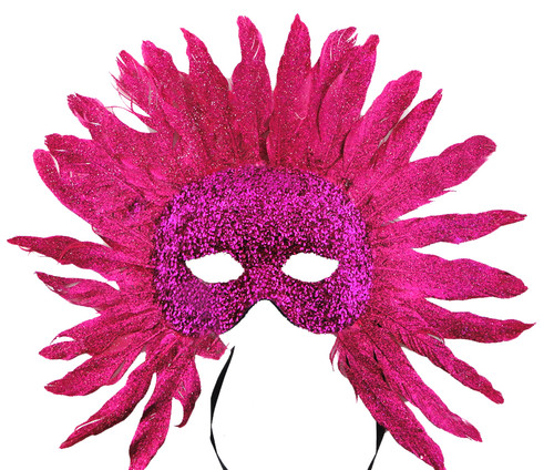 7" Pink Tinsel Half Mask with Full Top Cocktail Feathers