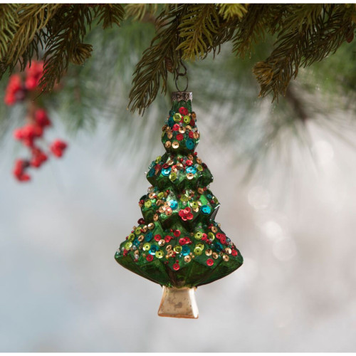 5.5" Green and Red Glass Christmas Tree Hanging Ornament