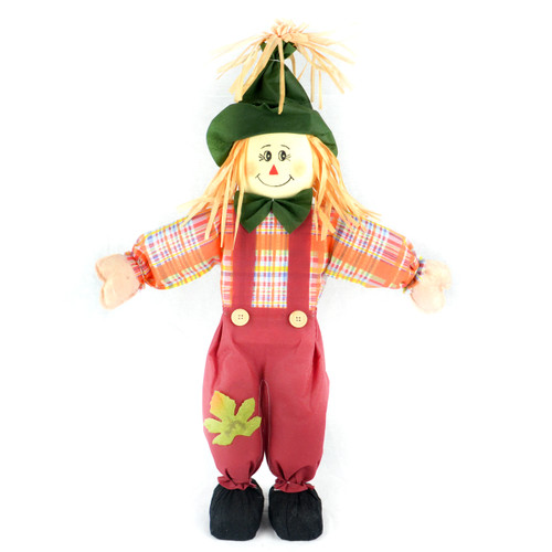 24" Red Boy Scarecrow with Plaid Dress and Straw Hair Halloween Decoration