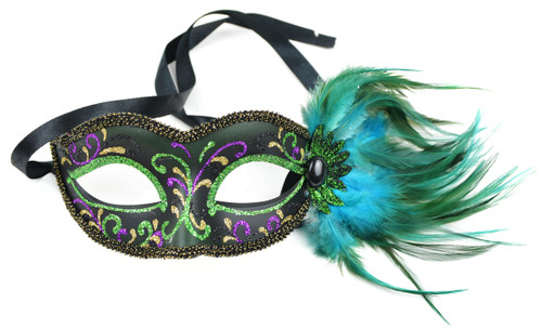 7” Black and Green Glitter Embellished Fancy Feather Half Mask