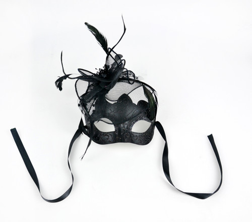 6.5" Black Glitter with Fascinator Half Mask