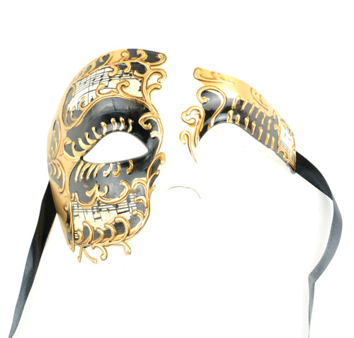 7” Black and Gold Colored Half Cover Face Mask with Ribbon Ties