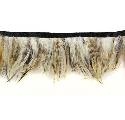 White and Brown Mixed Hackle Feather Trim with Stitched Ribbon Edge - 2 Yards