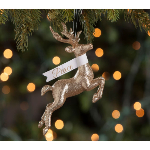 Set of 6 Gold and White Glittering Peaceful Stag Christmas Ornaments 5"