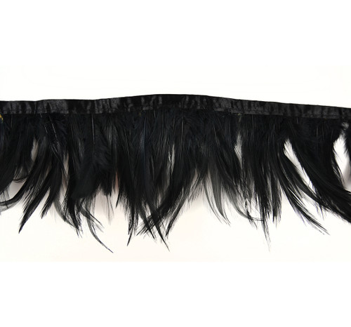 Black Hackle Natural Feather Trim with Stitched Ribbon Edge - 2 Yards