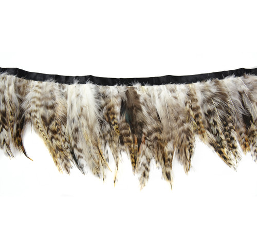 White and Gray Chinchilla Hackle Feather Trim with Stitched Ribbon Edge - 1 Yard