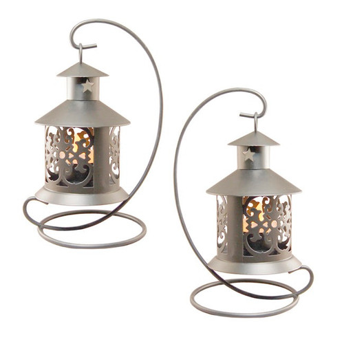 Set of 2 Silver Table Top Metal Lantern with Hanging Stands 7.75”