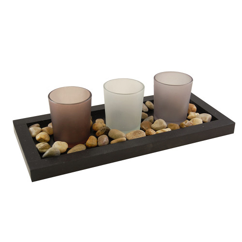 11.5" Black Wooden Pebble Tray with 3 Glass Votives