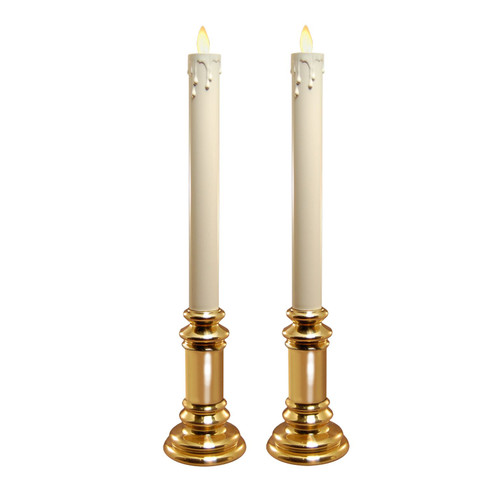 2-Count 9" White Luminous Flickering LED Candles with Gold Candle Holder