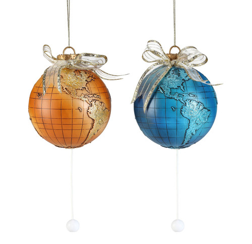 Set of 2 Orange and Blue Antique Pull String Globe Ornaments 4.25”