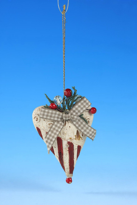 Set of 6 White and Red Christmas Country Heart Ornaments 5.25"