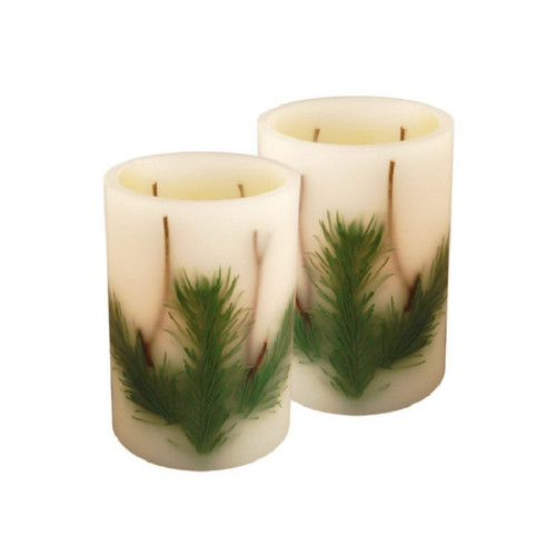 Set of 2 White Christmas Pine Needle Battery Operated LED Flameless Pillar Candles 6"