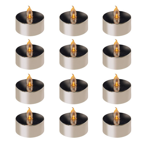 Set of 12 Silver Plated Battery Operated Amber LED Tea Lights 1.5"