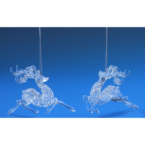 Set of 6 Clear Floral Reindeer Glossy Finished Hanging Christmas Ornaments 6.5"