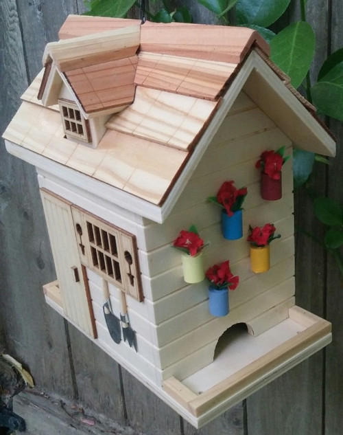 8" Beige and Brown Flower Shed Outdoor Garden Birdhouse