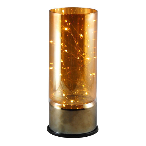 8" Cylindrical Amber Glass Lantern with Battery Operated LED Mini String Lights