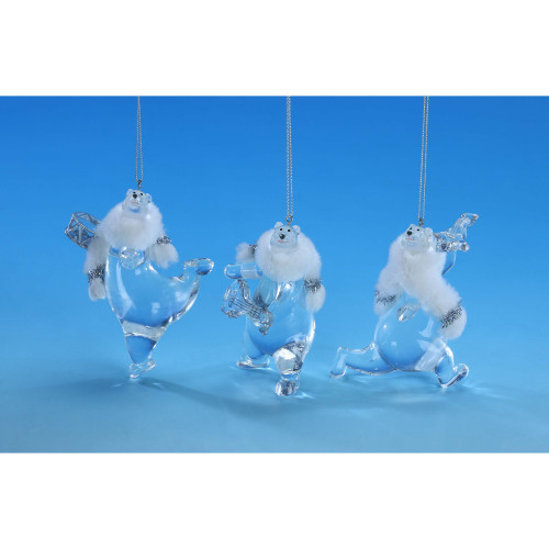 Set of 6 Clear and White Glossy Finished Scarf Bear Hanging Christmas Ornaments 9.25"
